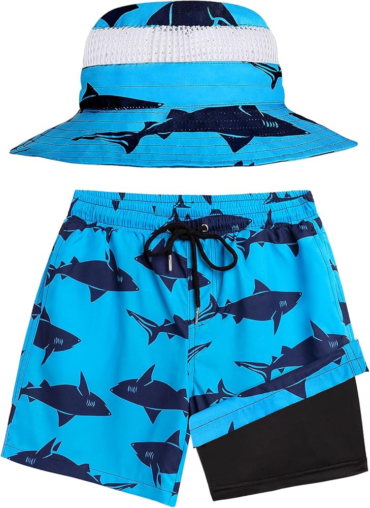 Boys Swim Trunks with Sun Hat Compression Liner Swim Shorts Quick Dry Beach Short Breathable Bucket Hat Set for 3-14 Years