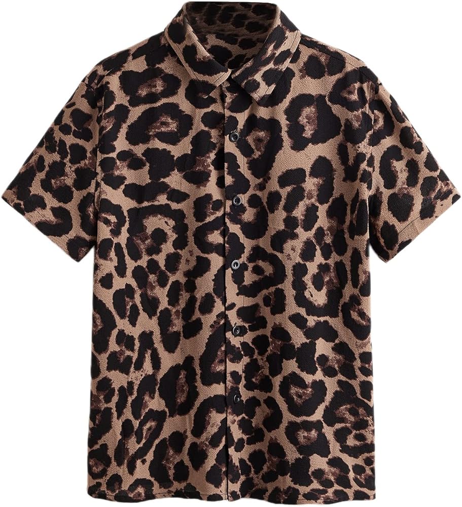 Milumia Boy's Casual Leopard Button Down Shirt Collar Short Sleeve Summer Tops