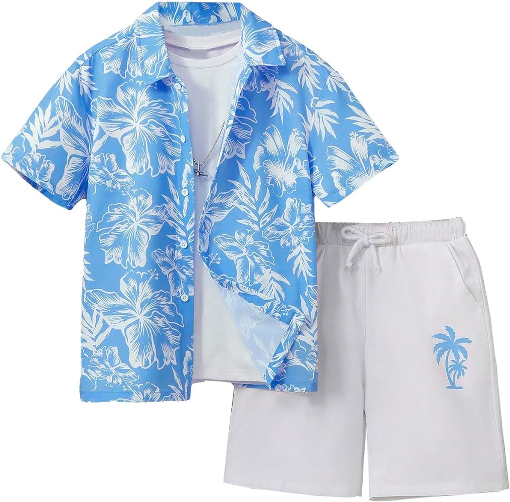 SHENHE Boy's Summer 2 Piece Outfits Hawaii Vacation Paisley Print Button Down Shirt and Shorts Set