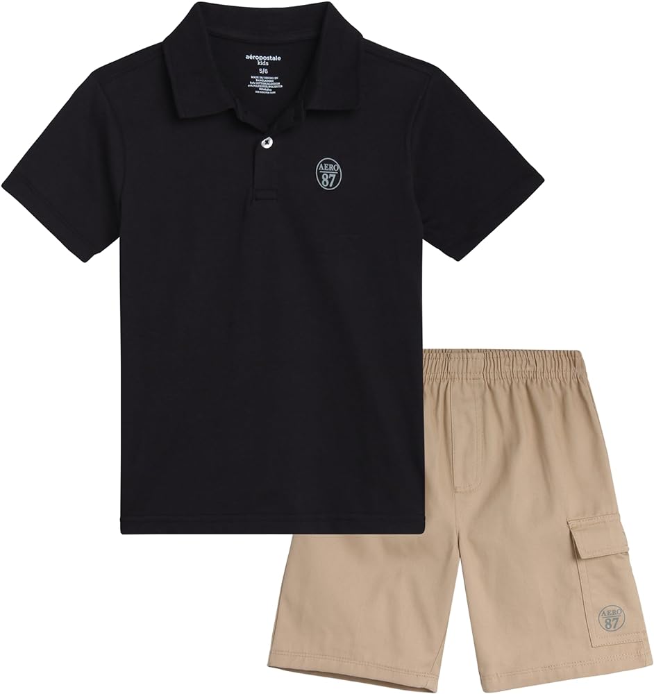 AEROPOSTALE Boys' Shorts Set - 2 Piece Short Sleeve Polo Shirt and Woven Cargo Shorts - Summer Outfit for Boys (4-16)