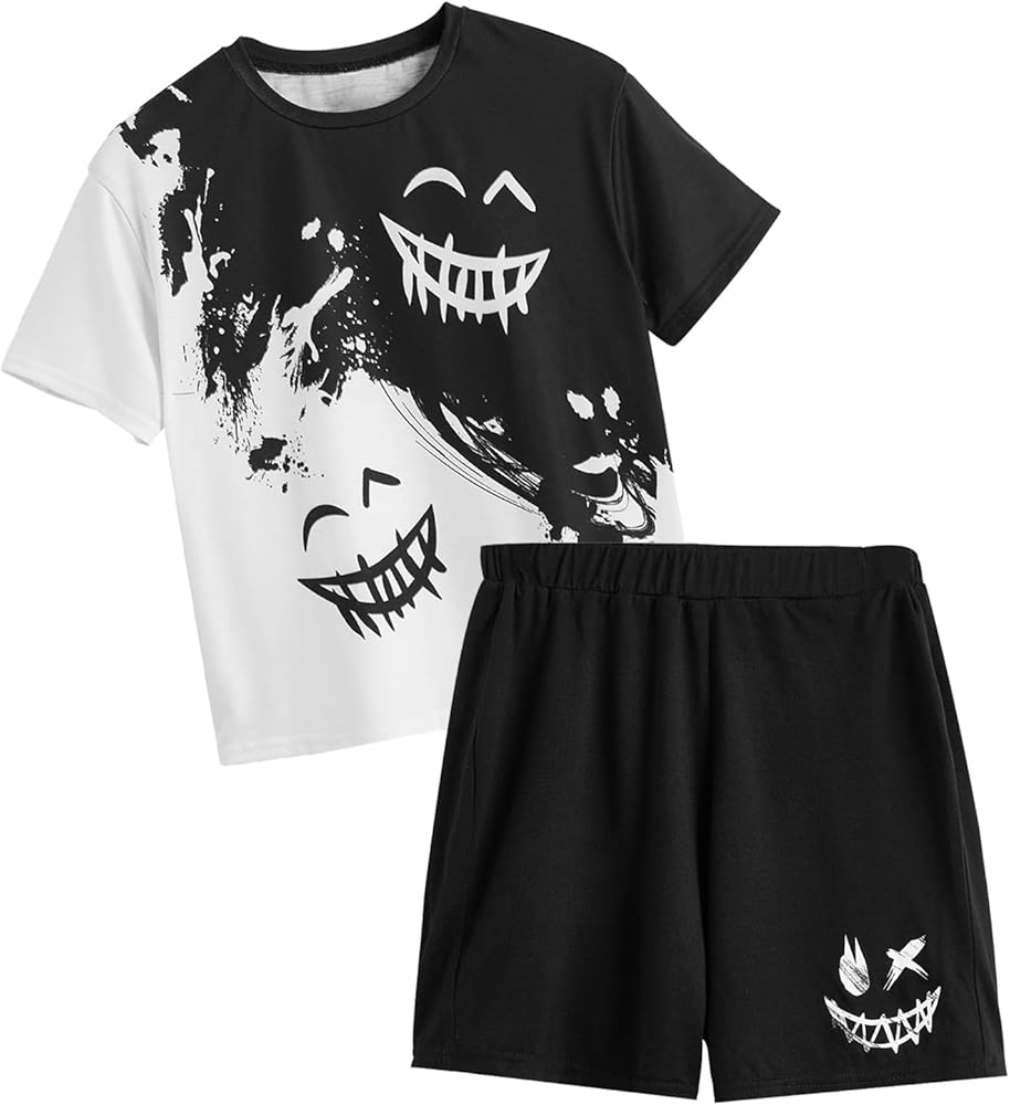 OYOANGLE Boy's 2 Piece Outfits Casual Graphic Print Short Sleeve Top T-shirt Tee and Shorts