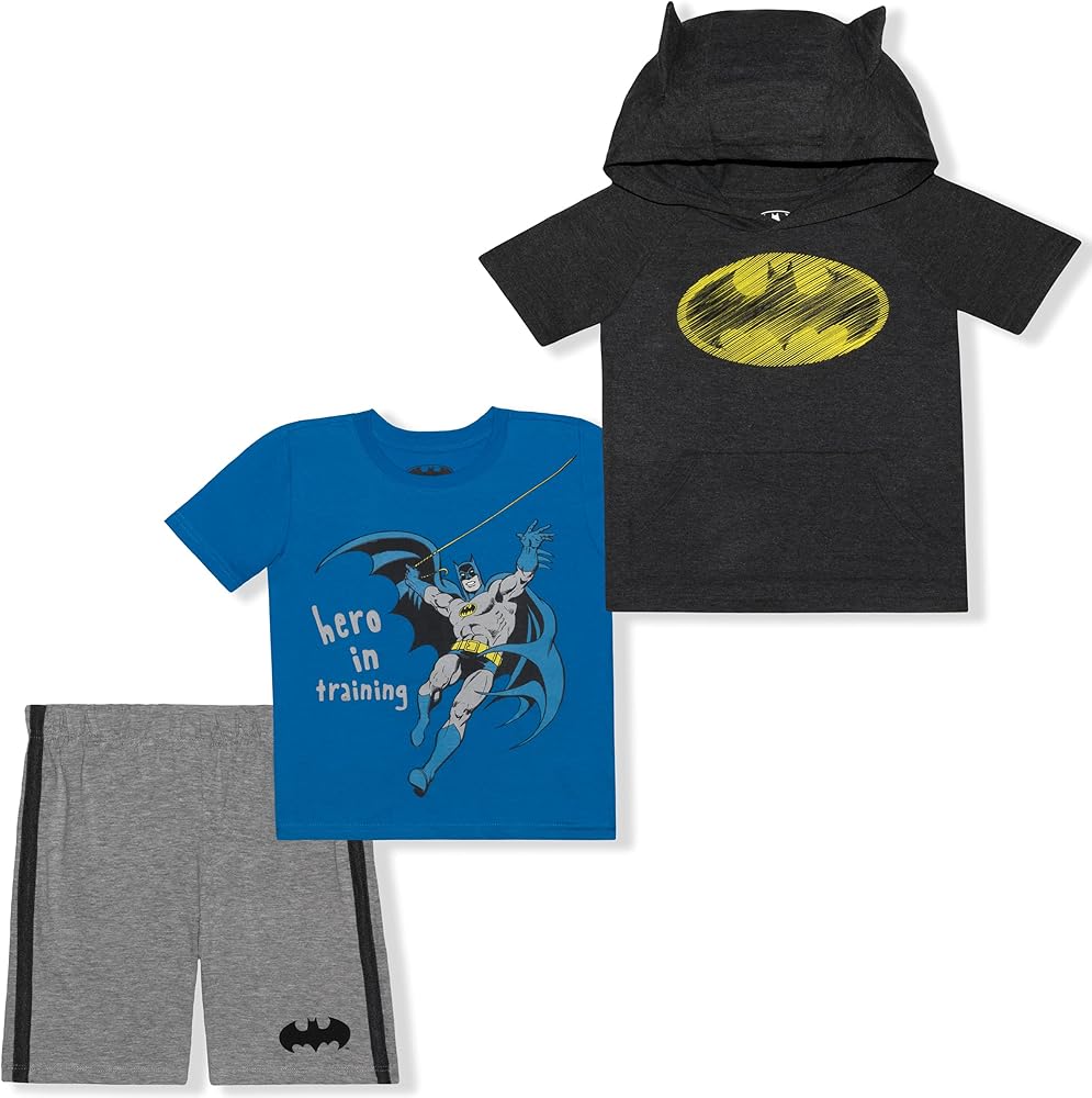 BATMAN DC Comics Boys Hooded T-Shirt, T-Shirt and Short Set for Toddler and Little Kids – Blue/Black/Grey