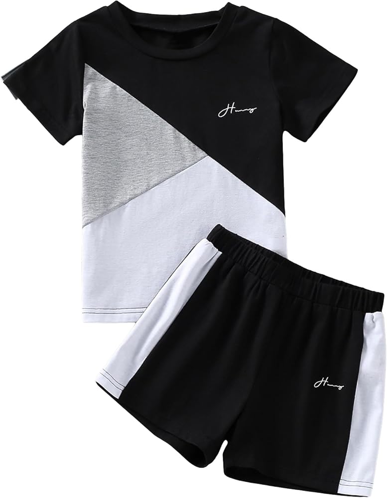 Floerns Boy's 2 Piece Outfit Colorblock Short Sleeve Tee Shirt with Shorts Set