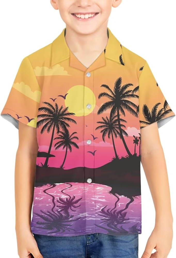 Kids Button Down Hawaiian Shirts Tropical Short Sleeve Dress Shirt Unisex Beach Summer Tops Aloha T-Shirts for 3-16 Years