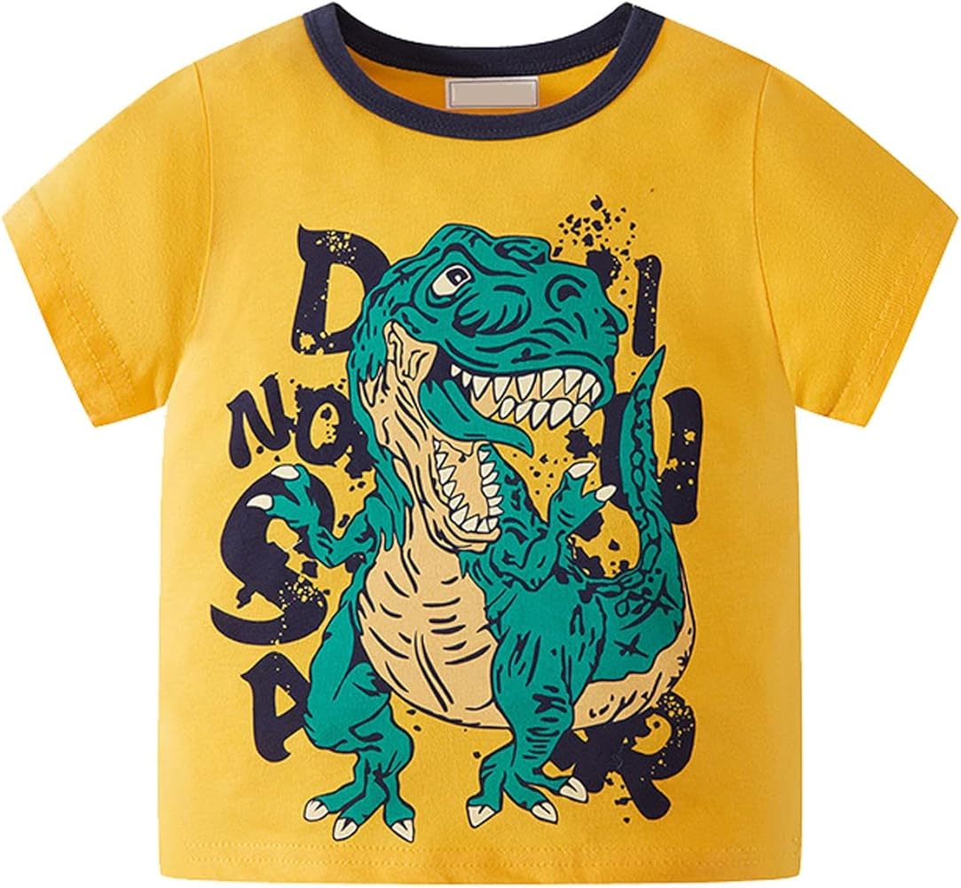 Youth Boys Long Sleeve Thermal Cartoon Cool Dinosaur Short Sleeve Crewneck T Shirts Tops Tee Yellow and White