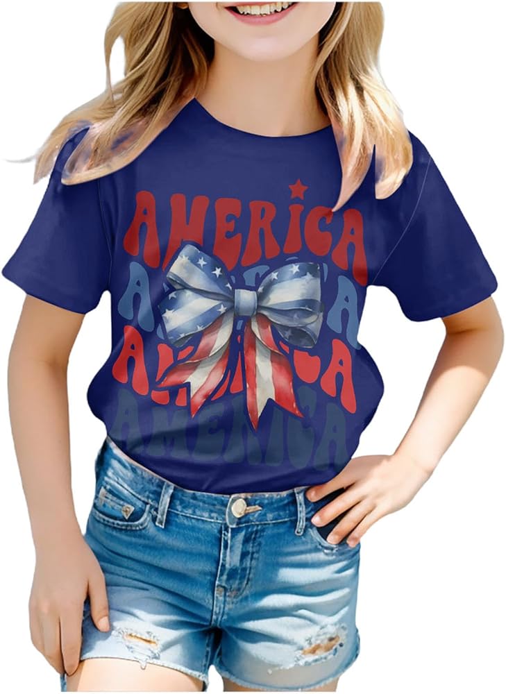 Toddler Boy Girl Fourth of July Shirt Patriotic Print Tees Shirt Novelty Short Sleeve Crewneck Independence Day Tops Tees 3-10 Years,American Flag Shirts for Boys,4Th of July Shirts Boys