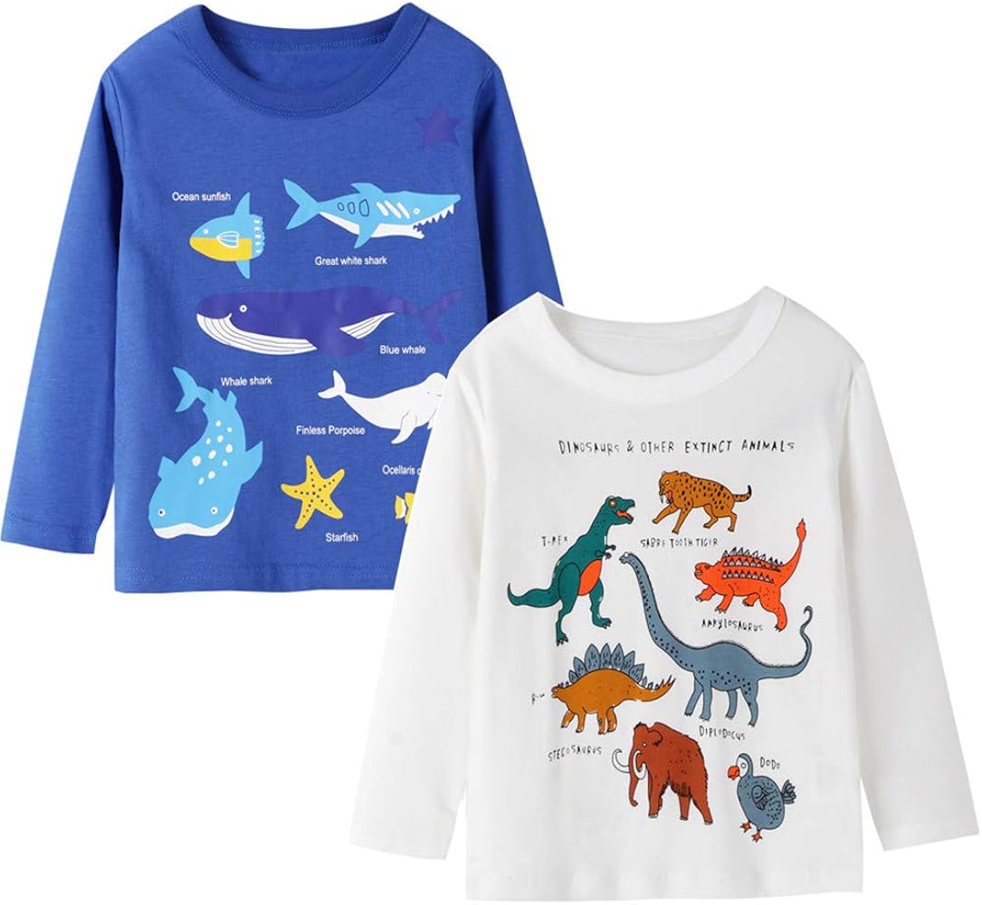 HILEELANG Boys Long Sleeve Tops Tees Shirts Graphic Cotton Casual Crewneck T-Shirts Sets 3 Packs