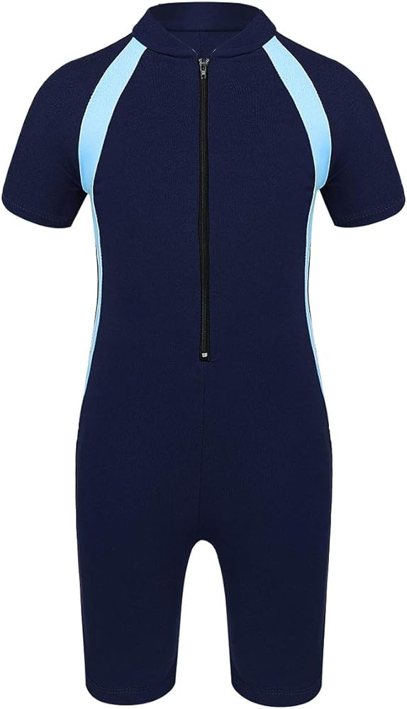 Kids Boys One Piece Rash Guard Sun Protection Swimsuit Short Sleeves Front Zippered Swimwear Bathing Suit