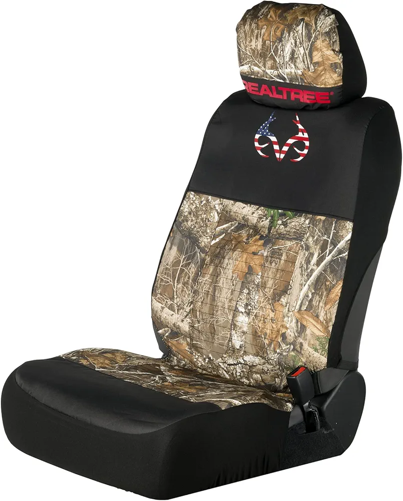 Realtree Universal Front and Bench Seat Covers, Water and Dirt Resistant Camo Seat Covers for Car, Truck, and SUV, American Antler(Realtree Edge), Low Back (Single)