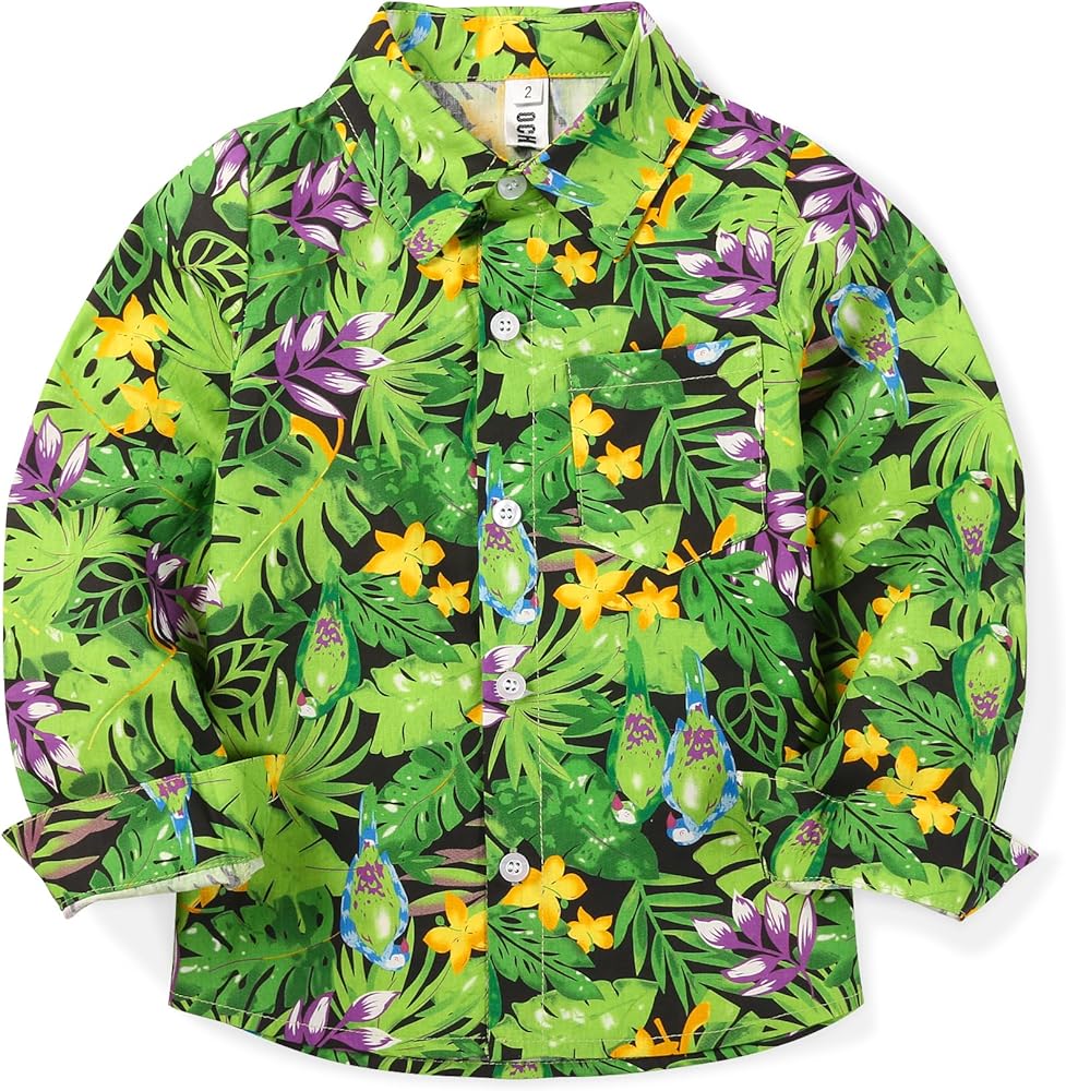 OCHENTA Boys Lightweight Hawaiian Shirt Floral Button Down Long Sleeve Aloha Tropical Tops