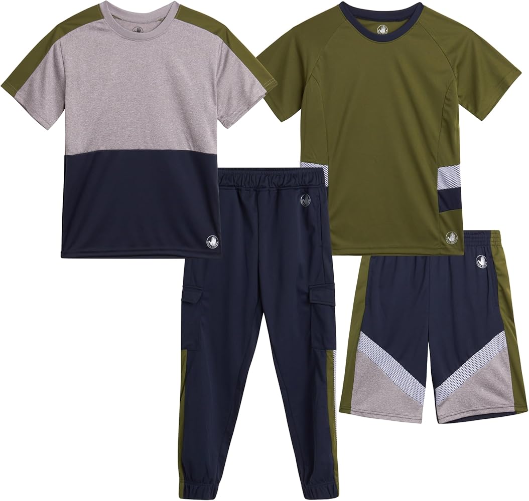 Body Glove Boys' Active Pants Set - 4 Piece Short Sleeve T-Shirt, Tricot Jogger Pants, and Shorts - Activewear Set (4-14)