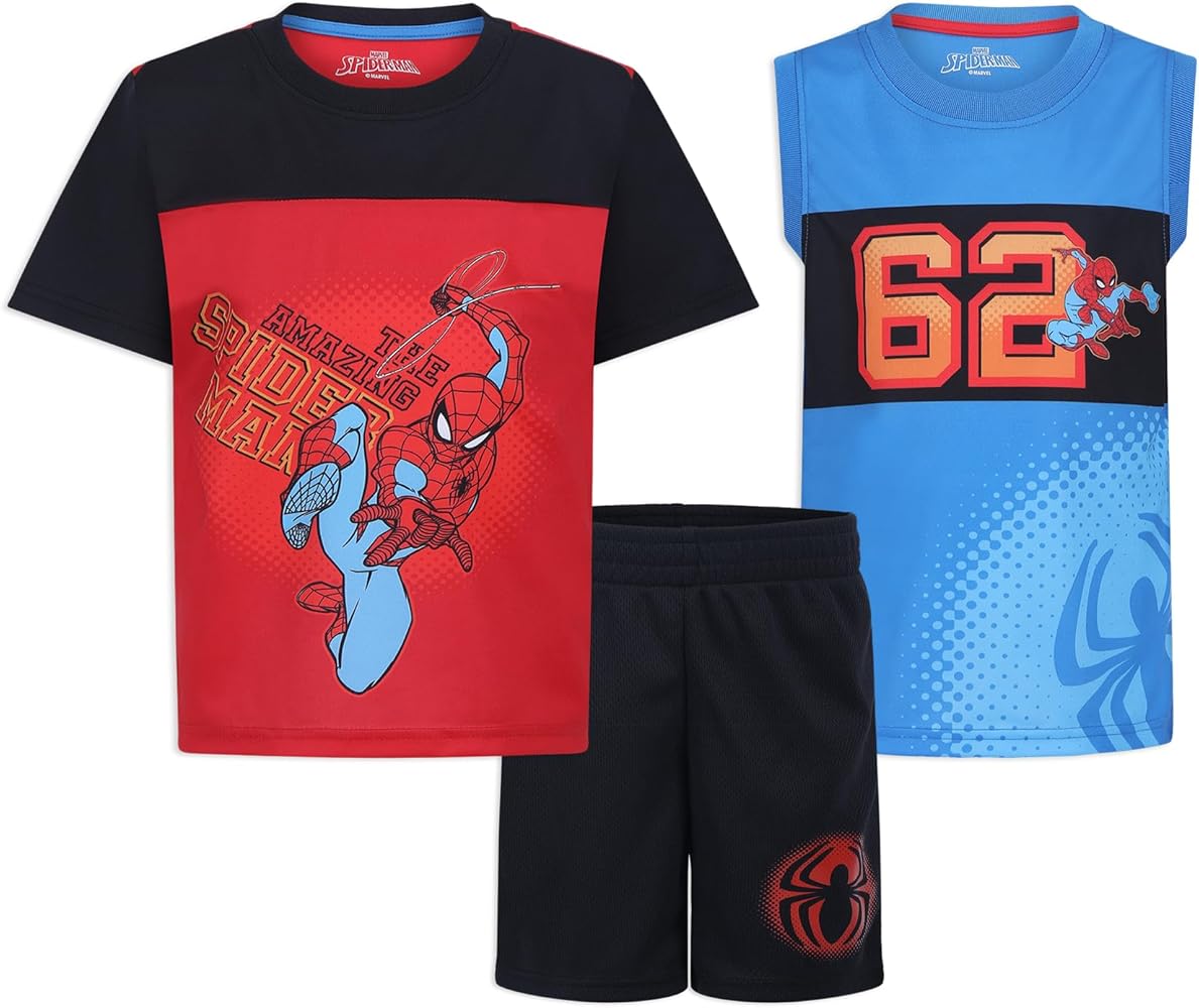 Marvel Spider-Man Boys 3 Piece Mix and Match T-shirts and Shorts Set for Toddlers and Little Kids – Red/Blue