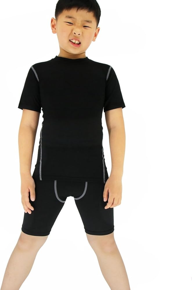 LANBAOSI Boys Athletic Shirts Youth Compression Shorts Set Workout Kids Teen Summer Clothes