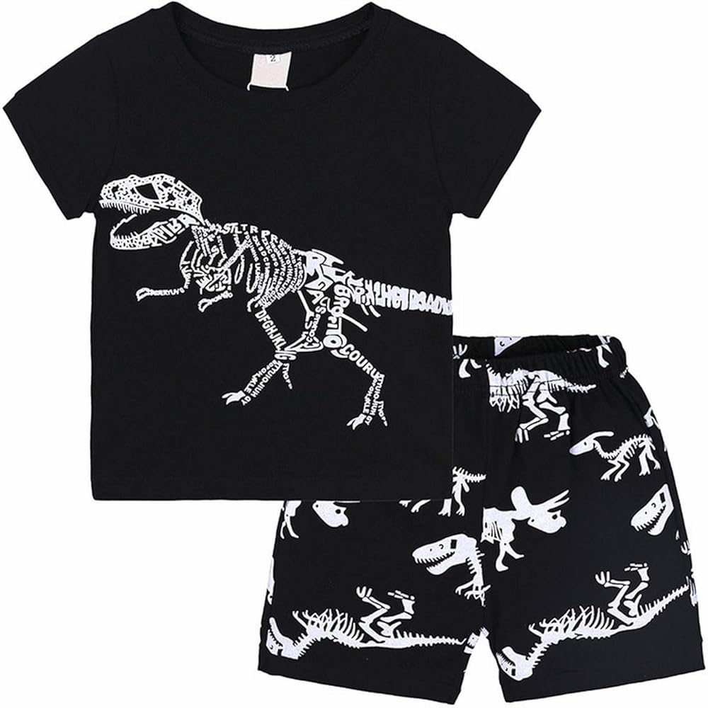 Boys Toddler Kids Summer 2024 New Clothes Cartoon Dinosaur Print Solid Tops Shorts with Pocket 2Pcs Outfits Set