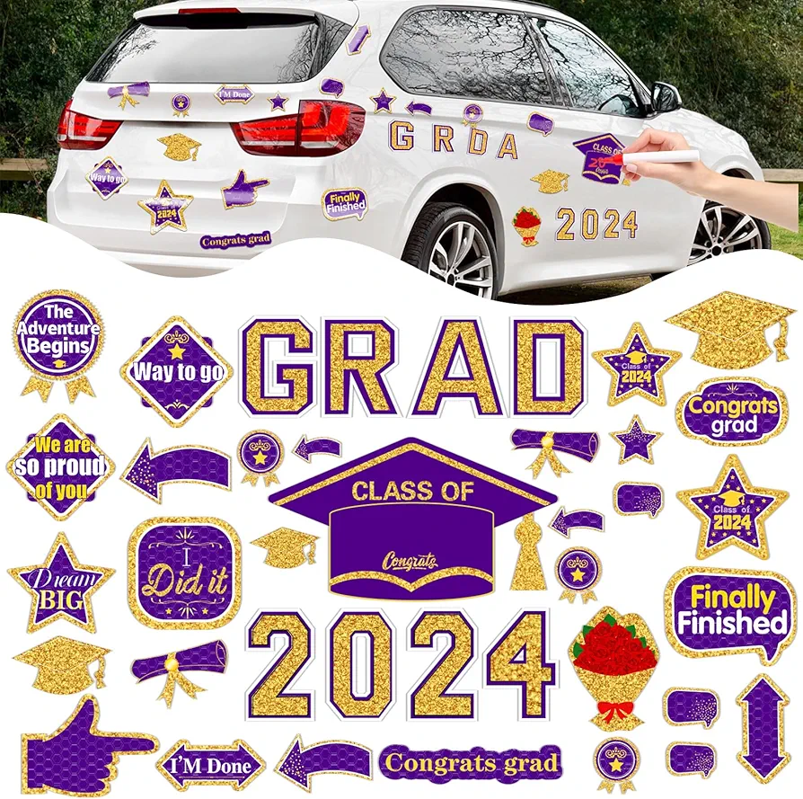 37pcs Graduation Car Reflective Magnets Grad 2024 Car Decorations Waterproof Decal Graduation Cap Fridge Refrigerator Automotive Garage Door Magnetic Sticker for Cars Metal Surface (Purple Gold)