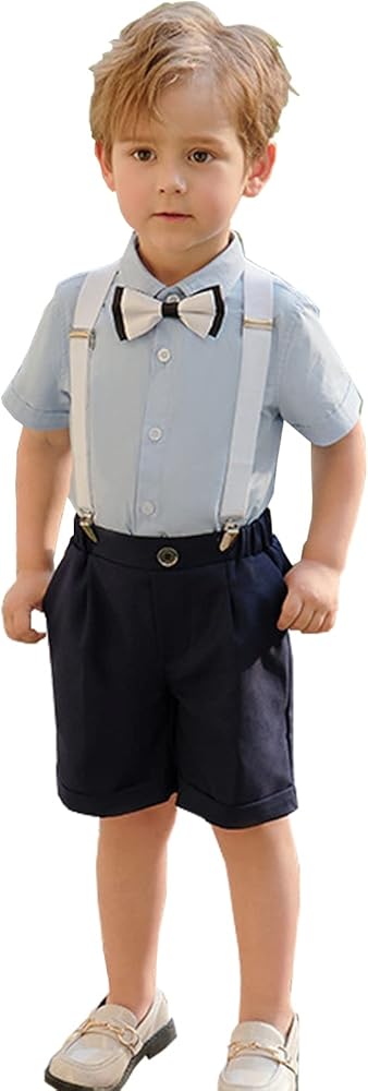 Boy's Suit Kids Clothes Outfit Summer Shorts Suspenders Set Wedding Dress Shirt with Bowtie 1-8 Years