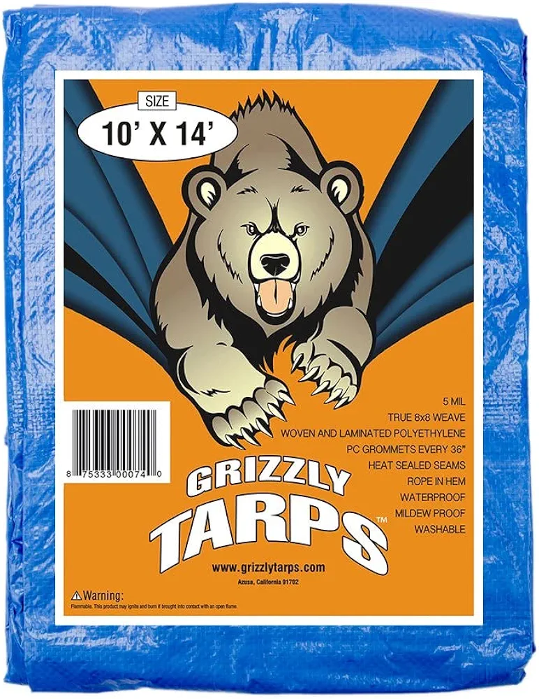 Grizzly Tarps by B-Air 10' x 14' Large Multi-Purpose Waterproof Heavy Duty Poly Tarp with Grommets Every 36", 8x8 Weave, 5 Mil Thick, For Home, Boats, Cars, Camping, Protective Cover, Pack of 10, Blue