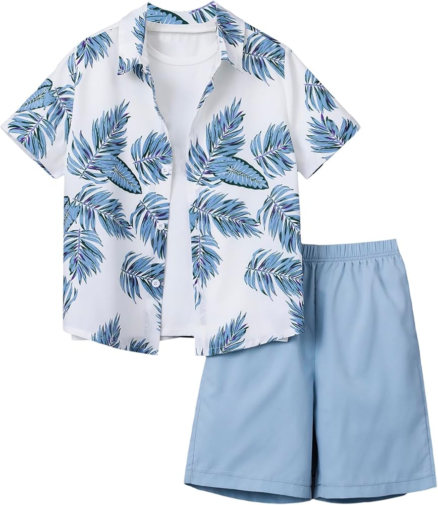 Verdusa Boy's 2 Piece Outfits Tropical Print Button Front Short Sleeve Blouse and Beach Shorts Set