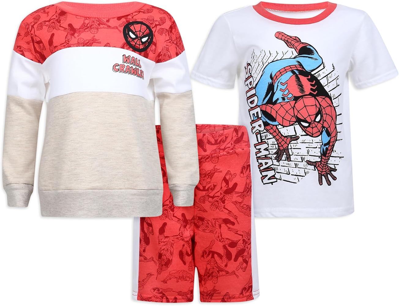 Marvel Spider-Man Boys Long Sleeve Sweatshirt, T-Shirt, and Short Set for Toddlers – Red/White