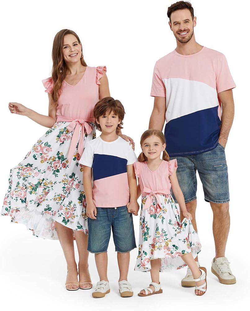 PATPAT Family Matching Outfits Crewneck Ruffle Cuffs Floral Print Dresses and Short Sleeve T Shirts