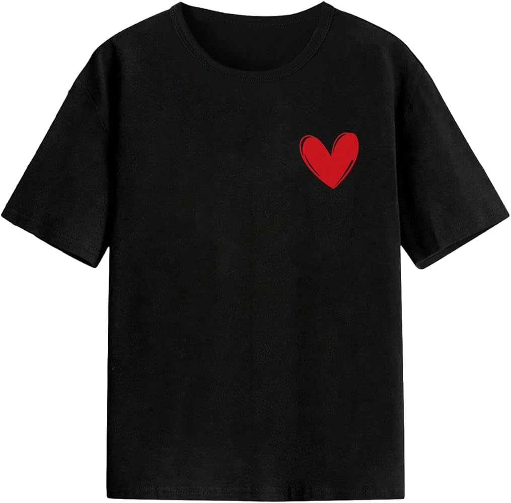 Boy's Heart Print Crewneck T Shirt Casual Loose Fit Short Sleeve Tee Tops Summer Clothes Black 10Y TZQ511 -CETZQ20240521