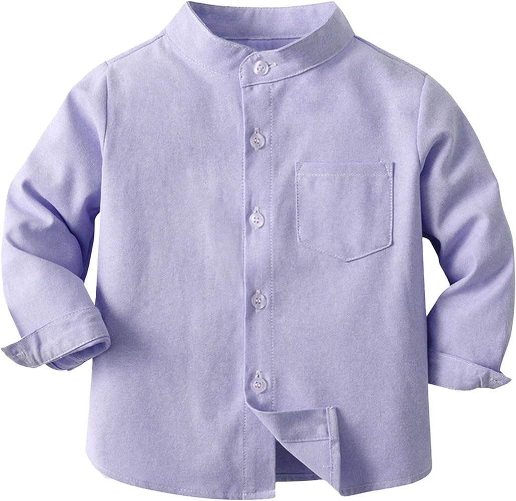 Boys Button Up Dress Shirt Long Sleeve Lightweight Summer Linen Cotton Dress Shirts Tees Tops with One Pocket