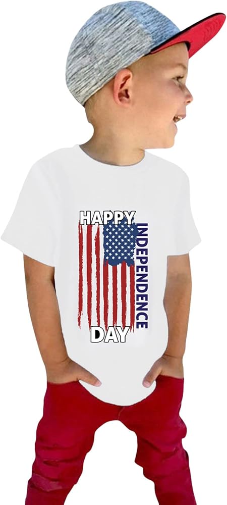 Independence Day Tops for Boys Letter Printed Striped Shirt Scoop Neck Tee Short Sleeve Graphic T-Shirt Summer