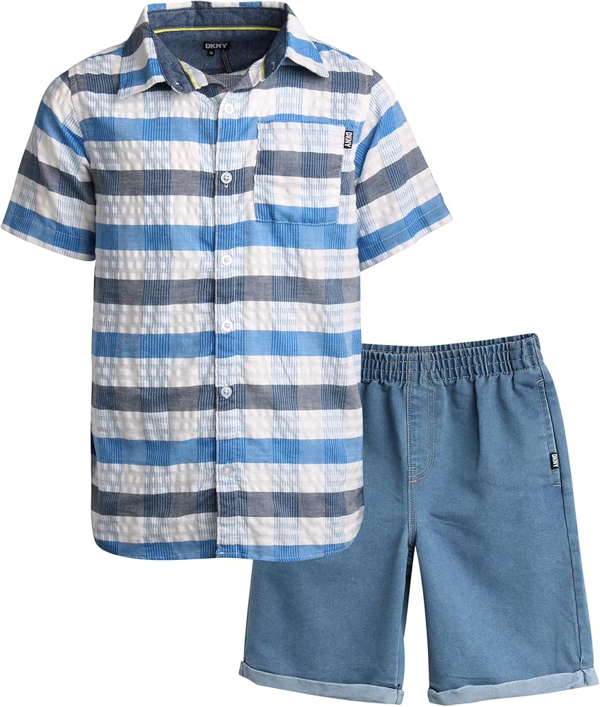 DKNY Boys' Shorts Set - 2 Piece Short Sleeve Button Down Shirt Stretch Denim Jean Shorts - Summer Outfit Set for Boys (8-12)