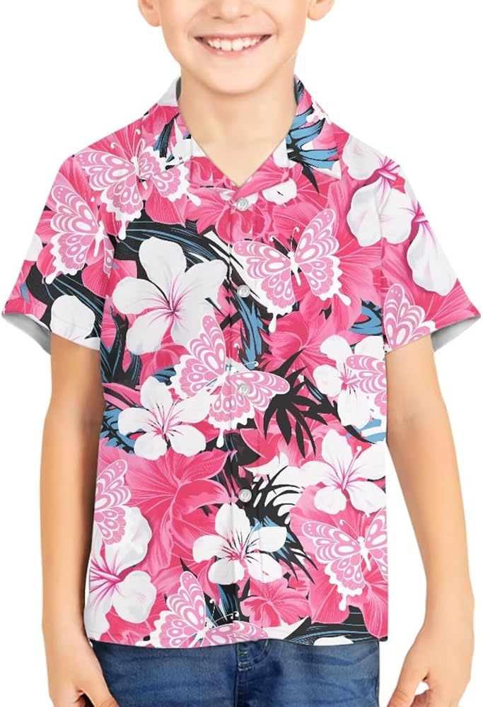 Boys Hawaiian Shirt Unisex Summer Beach Tops Short Sleeve Button Down Kids Aloha Shirts Tropical Dress Shirt