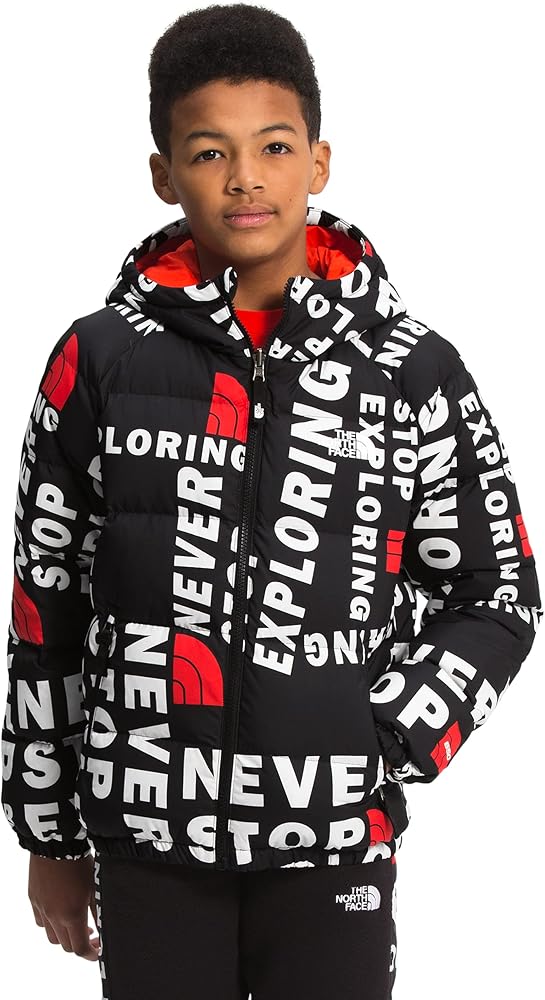 THE NORTH FACE Boys' Hyalite Reversible Down Insulated Jacket, TNF Black Tagline Toss Print, Large