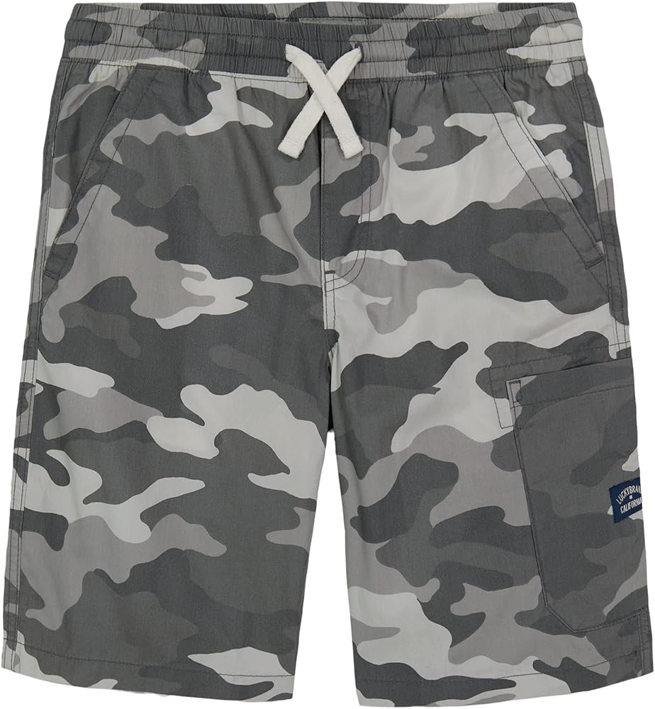 Lucky Brand Boys' Pull-On Cargo Shorts, Drawstring Closure, Faded Black Camo GC04, 4