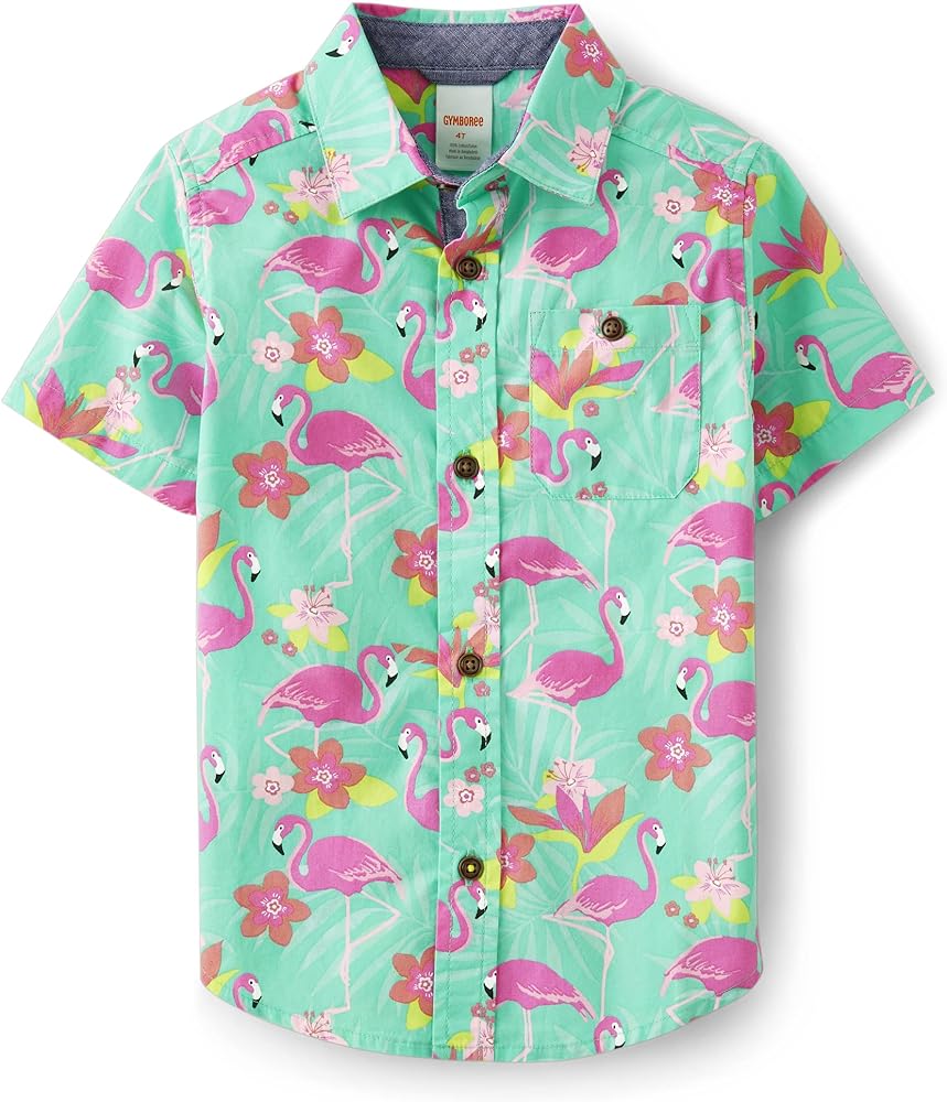 Gymboree,Boys,Matching Family Short Sleeve Button Up Shirt Dad, Big Kid, Toddler,Flamingos,12-18 Months