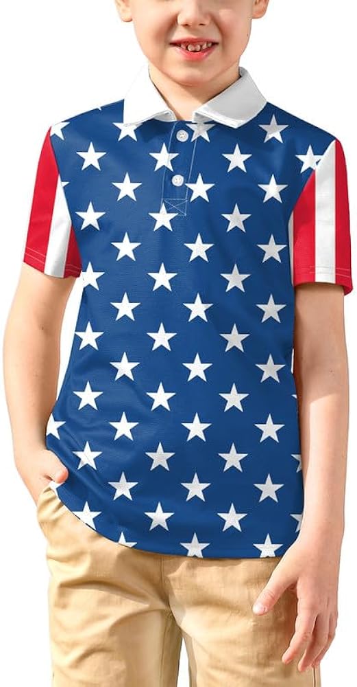 Kids Boys July 4th Short Sleeve Polo Shirt Patriotic Flag Top 1-12 Years