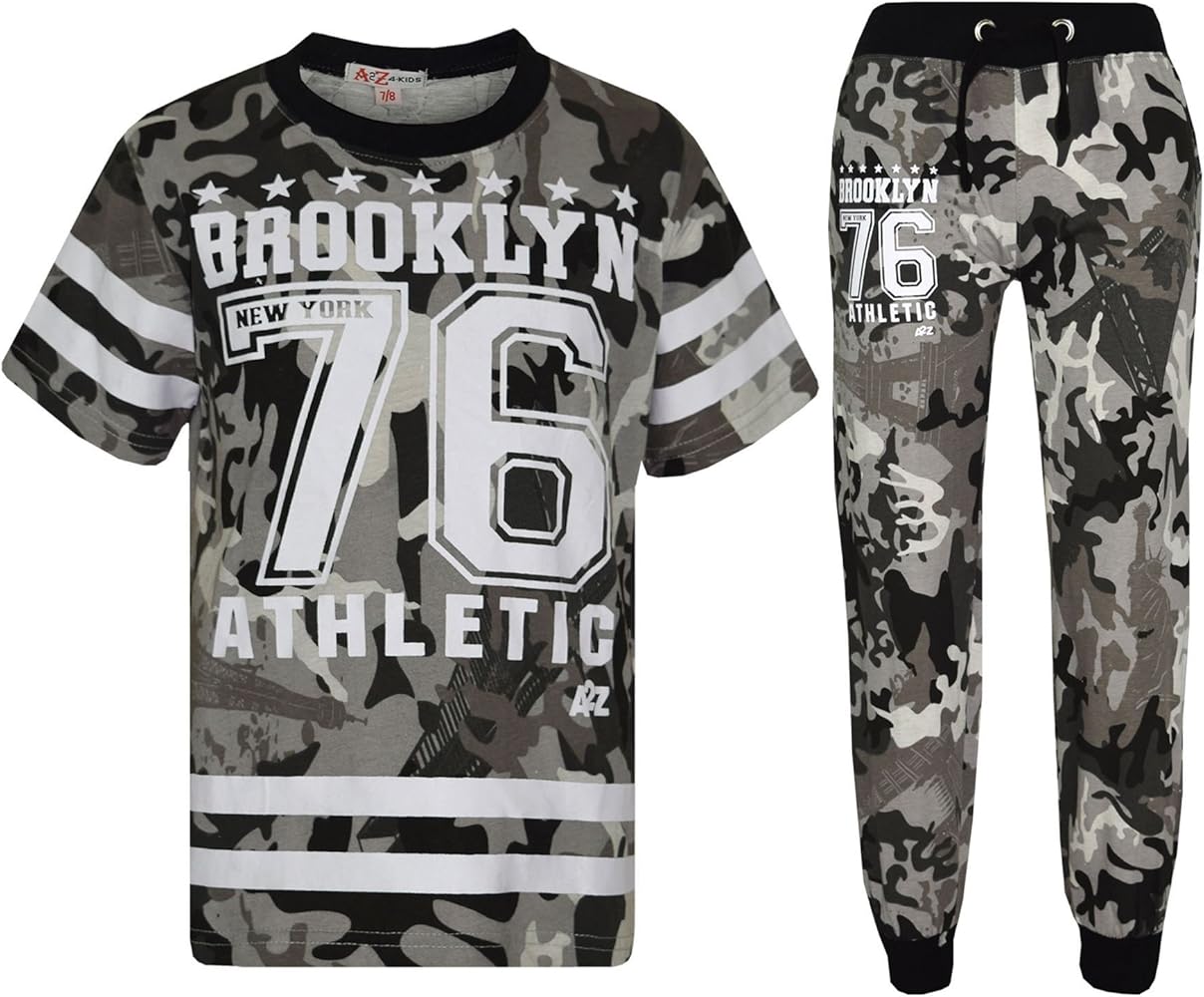 Boys Top Kids Designer Brooklyn 76 Camouflage T Shirt Tops & Trouser Set 5-13 Yr