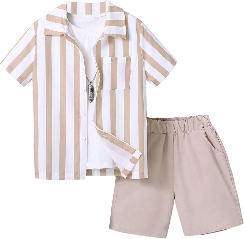 OYOANGLE Boy's 2 Piece Outfits Casual Short Sleeve Striped Blouse Shirt Top and Shorts with Pockets