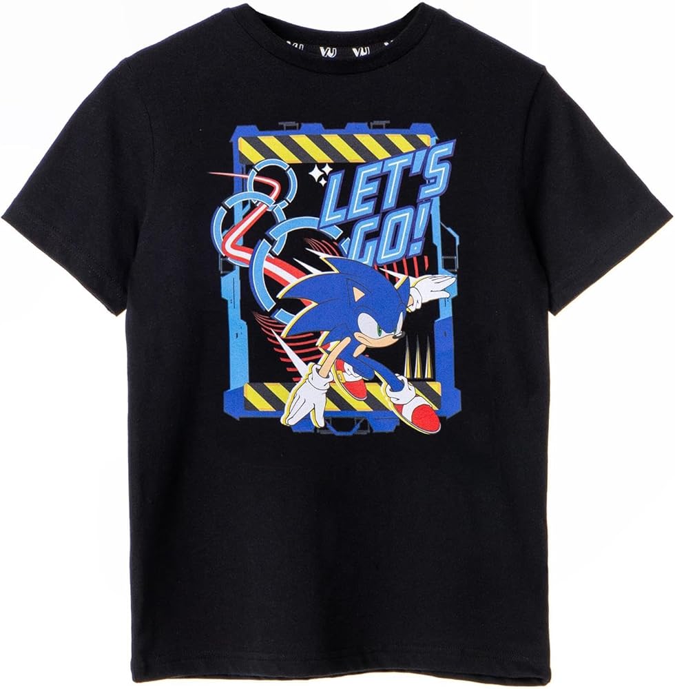 Sonic The Hedgehog Boys Short Sleeve T-Shirt | Kids & Teens Let's Go Black Graphic Tee | Vintage Cartoon Apparel Top