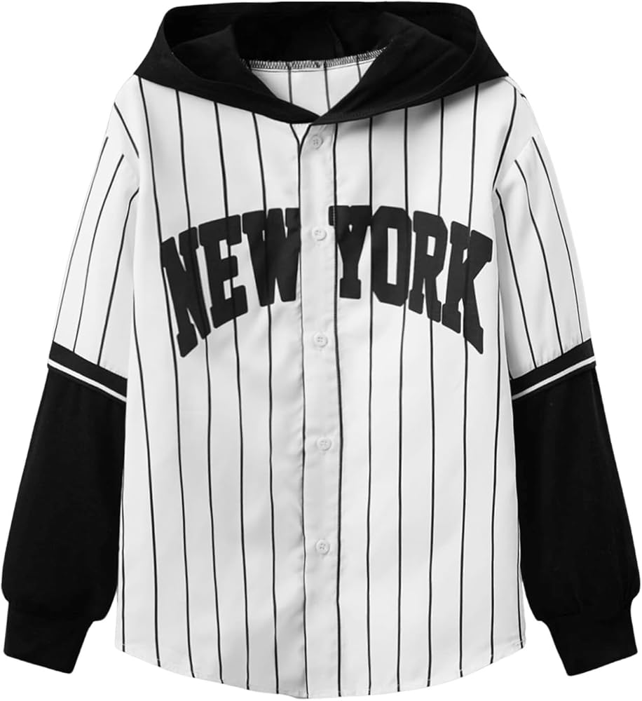 Verdusa Boy's 2 in 1 Color Block Long Sleeve Top Stripe Letter Graphic Print Hooded Button Down Shirt