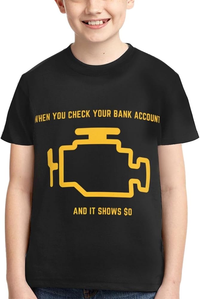 Check Engine Light Mechanic Auto Repair Boys Girls Shirts Kids Short Sleeve Classic Crewneck Top Tee