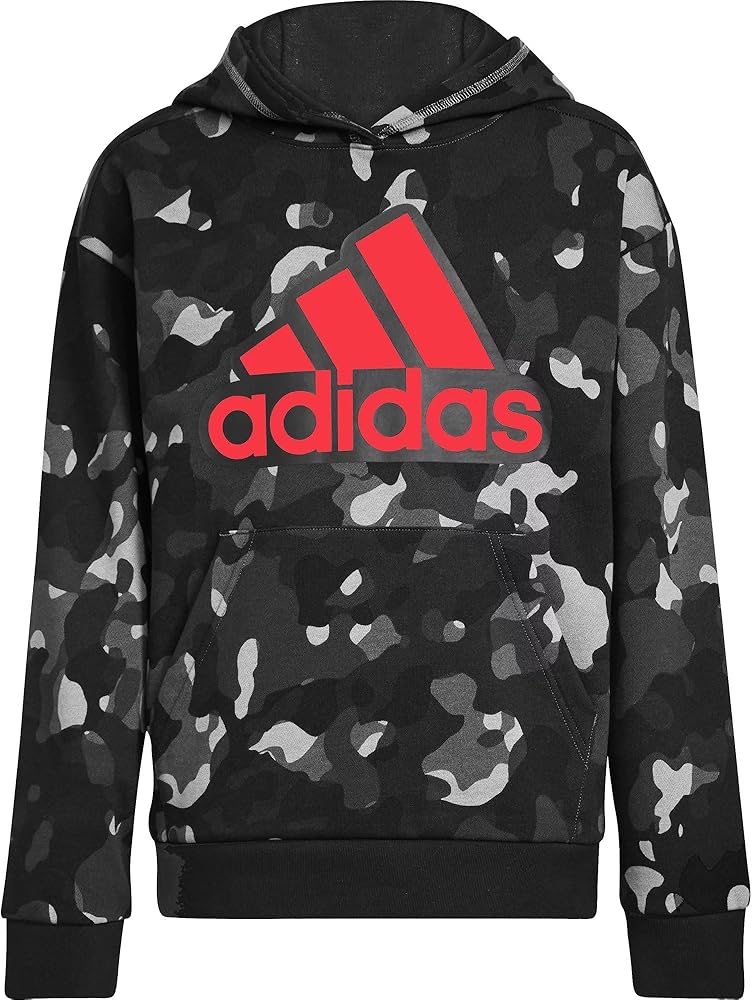 adidas Boys' Core Camo Allover Print Pullover Fleece Hoodie (Adi Black/Vivid Red, XL, X-Large)