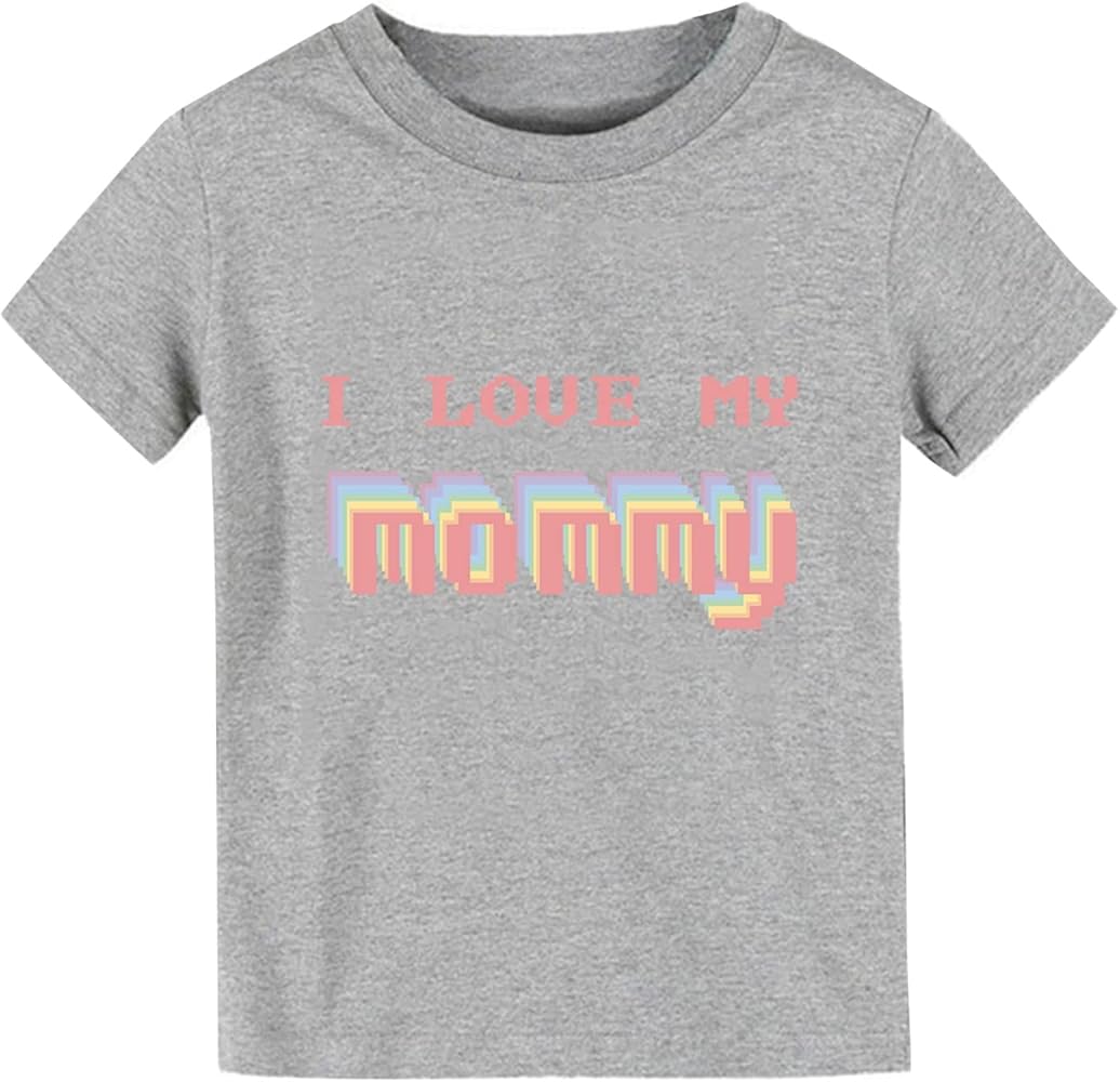 Girls Shirt Summer Solid Color Cartoon Printing I Love My Mommy Print Boys Girls Tops Short Sleeve Tops