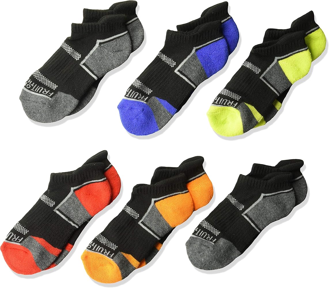 Fruit of the Loom Boys' Big Everyday Active Low Cut Tab Socks-6 Pair Pack, Black, Blue, Gray, Orange, red, Green, Shoe Size: 9-2.5