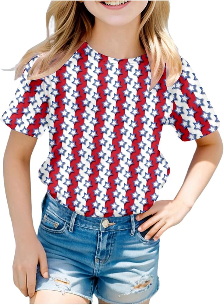 Boys Girls 4th of July Toddler Tees Stars Striped Tees Shirt Classic Short Sleeve Round Neck Independence Day Tops Tees 3-10 Years,Toddler Fourth of July Shirt Boy,4Th of July Kids Shirts Light Blue