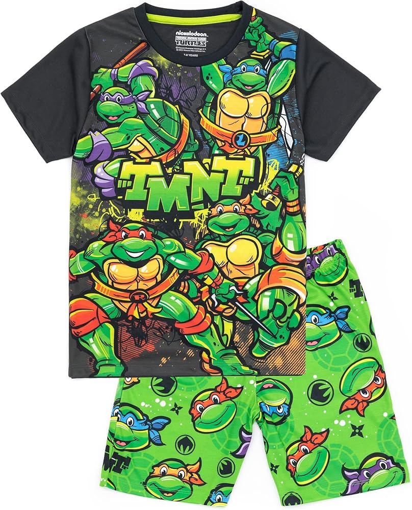 Teenage Mutant Ninja Turtles Boys Pyjama Set | Kids Black & Green T-Shirt & Shorts Nightwear Pajamas | TMNT Sleepwear PJs