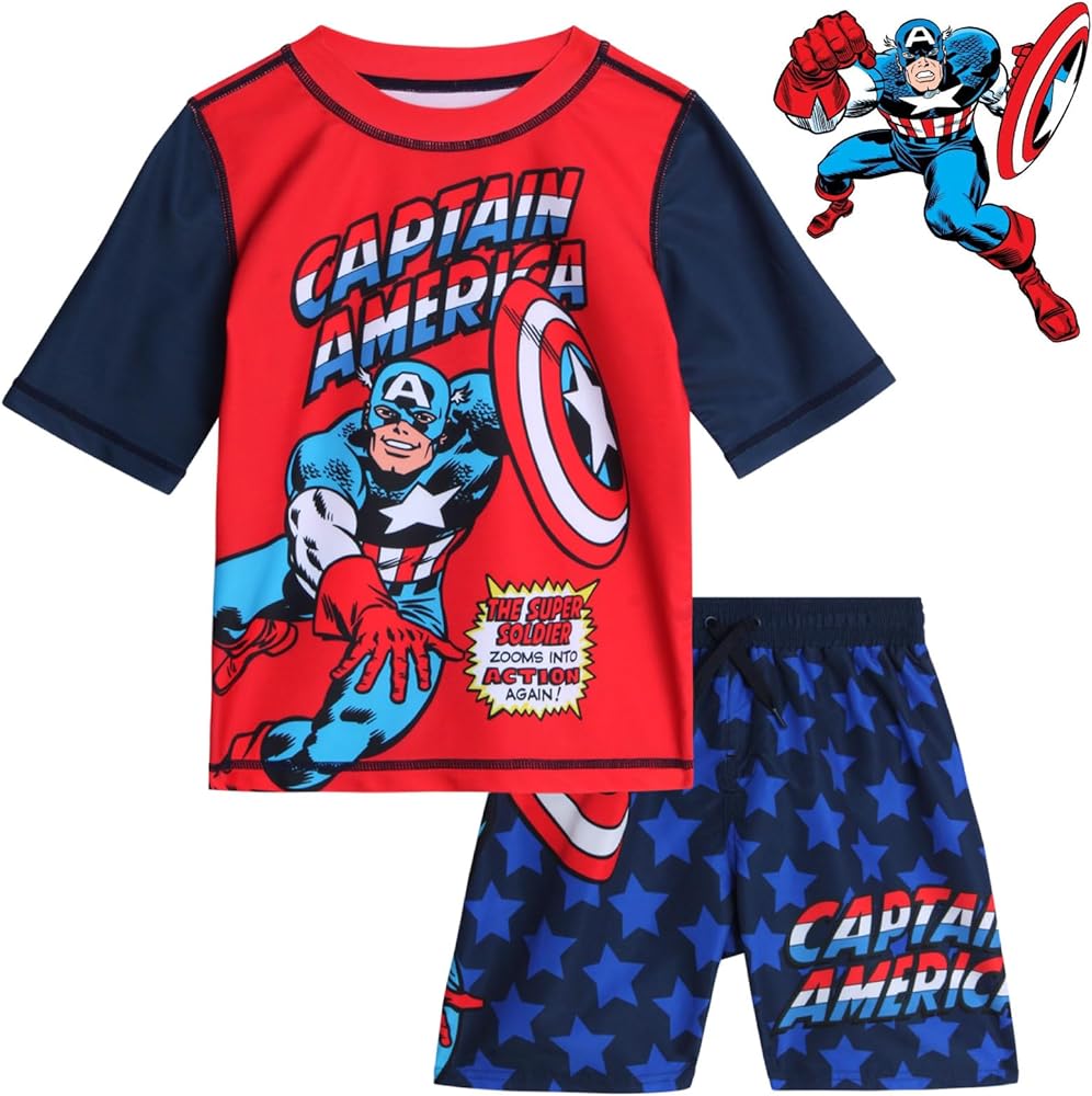 Marvel Avengers Boys’ Rash Guard Set – Spider-Man and Captain America – Kids’ UPF 50+ Swim Shirt and Trunks for Boys (3T-12)