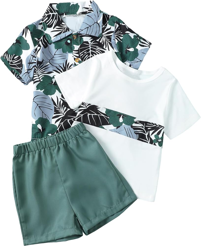 Floerns Boy's 3 Piece Tropical Print Blouse Short Sleeve Tee with Shorts Set