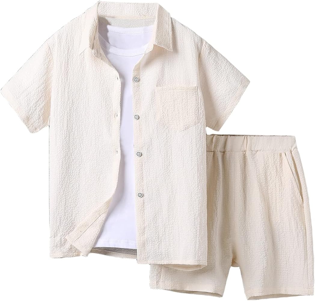 Verdusa Boy's 2 Piece Outfit Linen Set Vacation Short Sets Button Down Shirt and Elastic Waist Shorts Casual Clothes