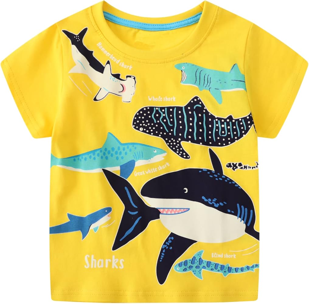 Toddler Boys T-Shirt Short Sleeve Shirt Dinosaur Print Cotton Summer Tops Tees Shark Graphic 2-7T