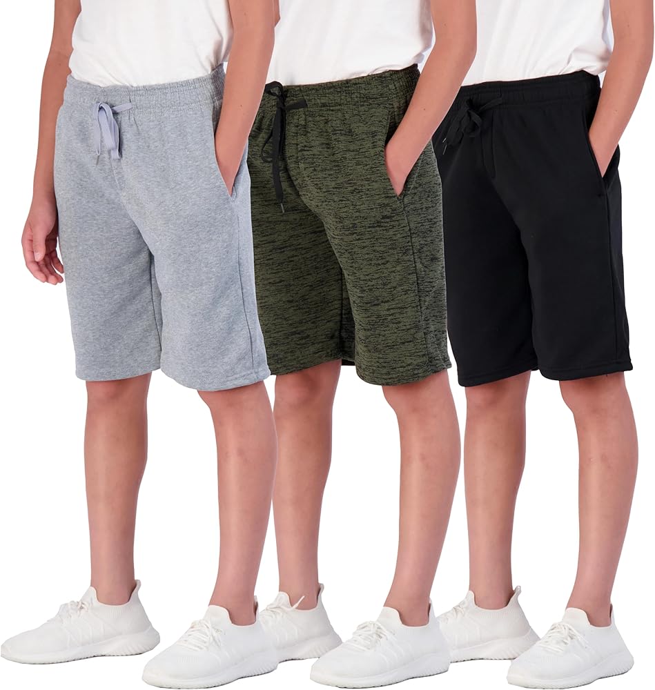 Real Essentials 3 Pack: Boys Tech Fleece Athletic Shorts with Drawstring & Pockets