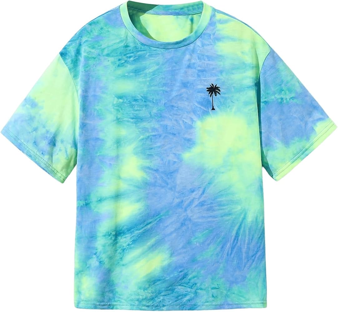 SHENHE Boy's Tie Dye Tee Graphic Print Crewneck Short Sleeve Loose Summer T Shirt Tops