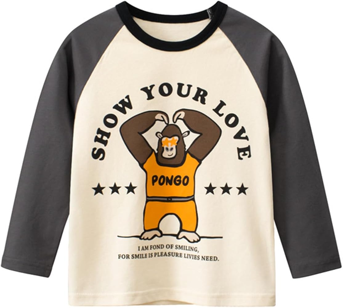 Toddler Boys Casual T-Shirt Long Sleeve Round Neck Tee Top Handsome Gorilla Cartoon Print Pattern Pullover